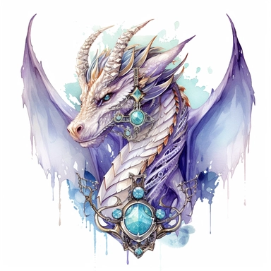 Clipart, watercolor, white background: A gothic dragon with a regal stance, adorned with ornate jewelry and engravings, symbolizing its role as a guardian of ancient secrets