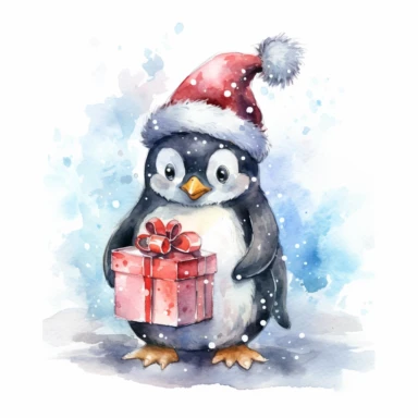 A lovable penguin wearing a Santa hat and a big smile, holding a christmas gift, standing on an icy surface, surrounded by snowflakes and a snowy backdrop, ornamental watercolor clipart