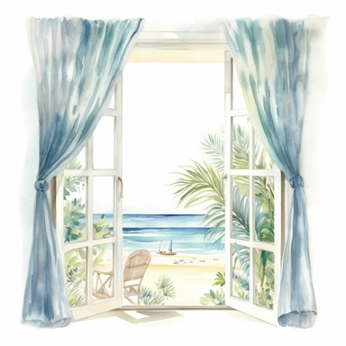 Ella bailey watercolour illustration style window frame with beach view, high definition, 8k, insanely detailed, fine detail, sharp focus, illustration, white background, isolated clipart vector