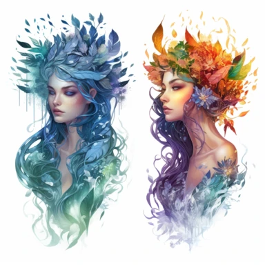 Ethereal nature elemental witches, representing (earth, fire, water and air )Clipart sheet in the style of Anna Dittmann, vivid, separated with a margin, white background