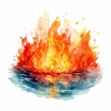 watercolor fire Crystal Clear Pond, flame around, detailed, hd, clipart