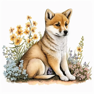 cute dingo, flowers, clipart, very detailed, white background