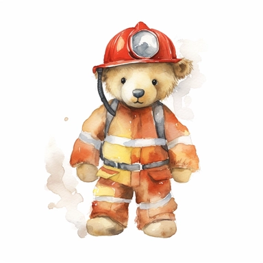 one teddy bear in a fireman costume Clipart on a white background, in the style of emotional watercolors, concrete, realistic depictions of everyday life, dusty piles, flickr, romantic illustration, hikecore, no watermark, text, words, paintbrush, 300 DPI, typography, the images do not stick together, no text in the picture