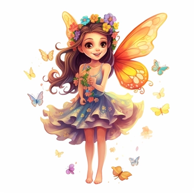 a beautiful smiling fairy girl holding a beautiful buttefly in her hands, big wings, lovely butterflies all around her, pretty flowers too, pixar style, full body image, clipart, white background