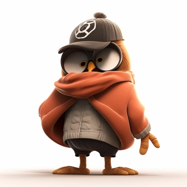 please create pixar style character clipart of an owl dressed like a rapper, back view with arms flexing