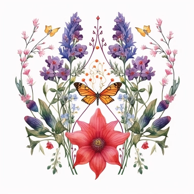witchy style wildflowers botanical clipart, symmetrical design, decorative motif, folklore