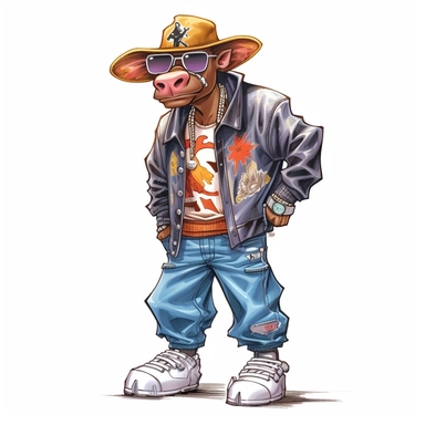 highly detailed clipart of a furry cow calf teen like person standing up wearing a baseball cap and dressed in 2000's style rapper clothes and sneakers and jewelry. ypung looking cow. Nelly the rapper style.