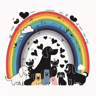 Pawsitive Pride - Dogs creating a giant rainbow heart with their paws, . cute, clipart, flat 2d vector, minimalist, black and white, kids cartoon, svg cut file, line art drawing
