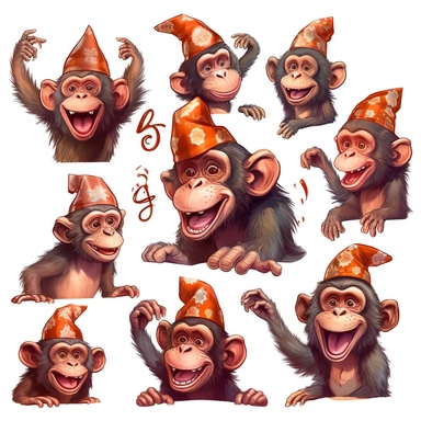 cartoon monkeys wearing party hats, set of 50 happy animations clipart isolated on white background, in the style of vibrant murals, charles spencelayh, petcore, soggy, wimmelbilder, vibrant caricatures