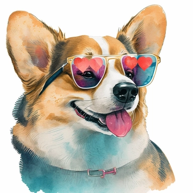 A cartoonish watercolor clipart portrait of a corgi wearing heart-shaped sunglasses, with a white background. The corgi has a playful and romantic expression, with its tongue out or a kissy face. The clipart has a cute and charming style, with a lot of glitter and sparkles on the glasses