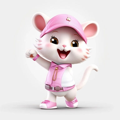 Nursery safari animal, clipart, cat, cute, white background, no text, no words, wearing a pink hat, dancing, happy,