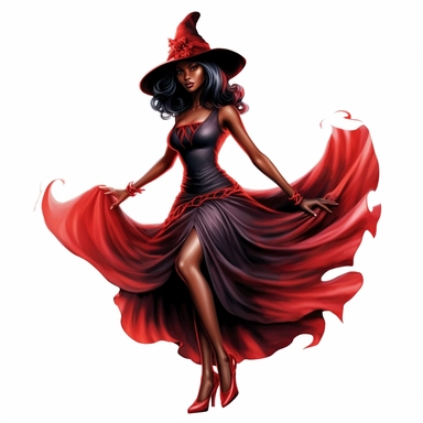 A very attractive black beauty witch in a red dress emphasizing her beautiful figure as a clipart on a white background