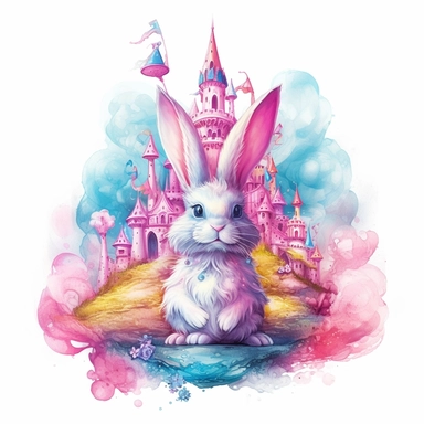 Gothic style beautifull over realistic bunny in the candyland with watercolor effect,candyland scene,candies,fantasy style,vibrant colors,suitable for digital clipart,white background