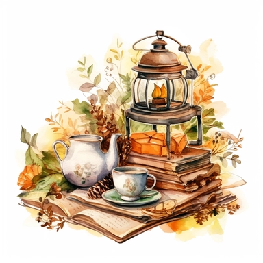 Create One clipart inspired by table with tea: The clipart exudes a cozy ambiance, with a sense of warmth and tranquility. It invites viewers to imagine themselves wandering through this magical nature, discovering its secrets and encountering fantastical creatures.cozzy watercolor style. in 4K. so it can be used in fantasy books. beautifull coloring