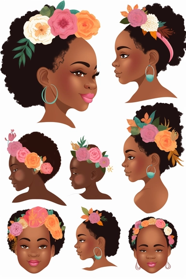 animated clipart bundle african american mother concepts, clipart bundle with beautiful flowers, beautiful faces, beautiful eyes and differential body types and skin tones, harlem Renaissance, Mother's Day White background