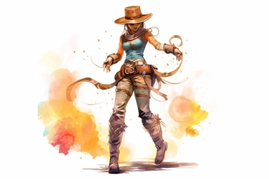 Watercolor, Craft a cartoon person with a cowboy hat, boots, and a lasso, representing a female cowgirl clipart, hd, on a white background, spaced out