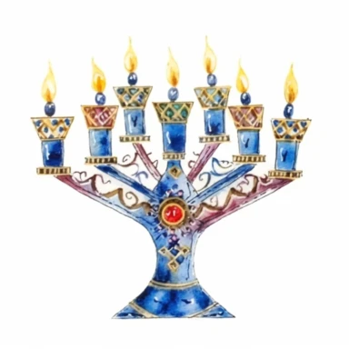 watercolor jewish menorah that is used to celebrate Hanukkah has nine arms instead of seven so we can light a candle, clipart on white background