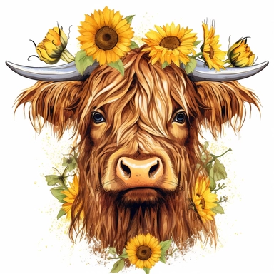 Highland cow and sunflower Clipart Vector Clipart,Cartoon,hyper realistic, intricate detail, illustration style,can printable,high solution,on the white background