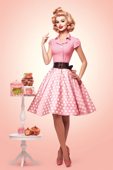 full body shot of a posing housewife against white background, in the style of vintage-inspired pin-ups, realistic figures, polka dot madness, pink and amber, against qhite background clipart png