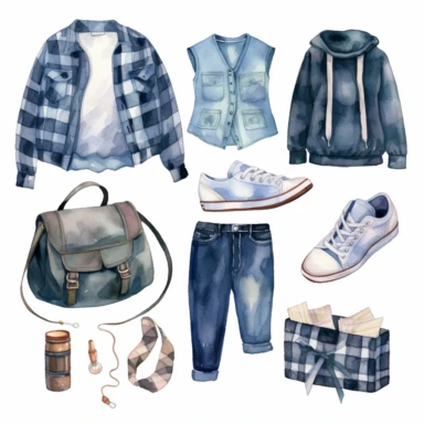 elements of cute plaid skirts , t-shirts, blouses, jeans, purse , flat shoes, sneakers, hats, dresses cliparts in watercolor on white background.