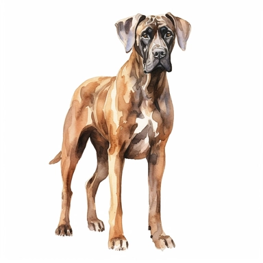 high detailed, Hand drawn watercolor clipart of a Brown Great Dane, on a pure white background for background removal, no shadow, no paint splash