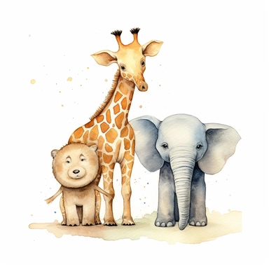 watercolor and pencil drawing of an an anthropomorphic baby elephant and giraffe, ​friends, happy, gentle smile, beautiful watercolor ink wash coloring, thick pencil lines, Jon klassen, beatrix potter, popular on etsy, watercolor illustrations clipart, watercolor illlustrations for kids and children, plain white background