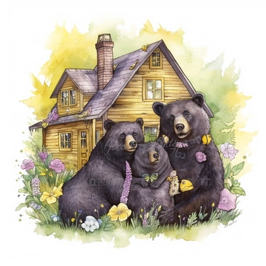 hand drawn family of black bears, wearing clothes in shades of yellow and purple, at a cabin in the woods, bumblebees, purple flowers and grass, very detailed, very realistic, watercolor, clipart style