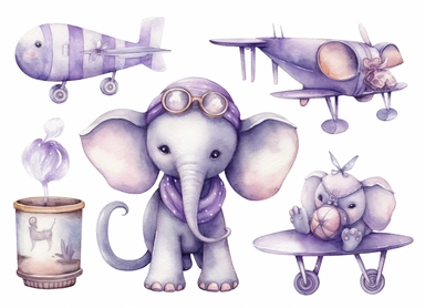 watercolor cute little baby elephant in a retro plane, in the style of light silver and light purple, victorian-inspired illustrations, nature-inspired pieces, 5 sets of clipart of different playful compositions, plush doll art, high resolution, isolated on a white background