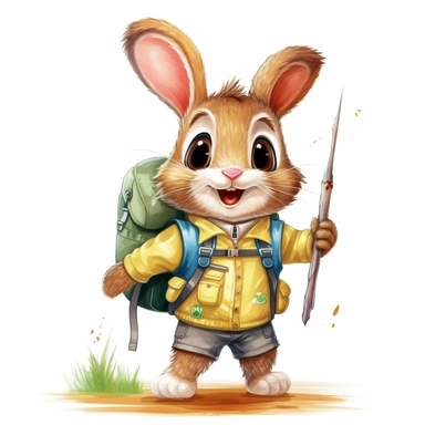 cute Rabbit character wearing camping clothes and camping gear with happy face,front facing on isolated background,with happy face and expression,Animal Sublimation Clipart,no splash watercolor,white background, ultra detailed clipart, cut out image, colorful watercolor realistic, cartoon style, ultra HD, sharp and clean art