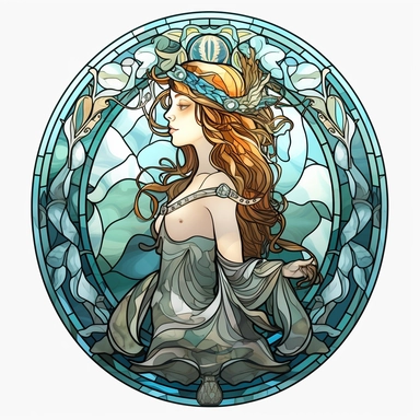 Stained Glass Aquarius Queen Sublimation Clipart,Cartoon,hyper realistic, intricate detail, illustration style,high solution,on the white background,