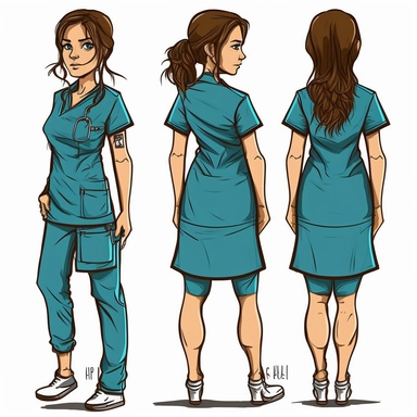 Caucasian Nurse girl ,brown hair, Clip art, hand drawn, cartoon, concept art, full body, back shoes, blue scrubs, V neck scrubs ar 2:3, white background, stethoscope around neck