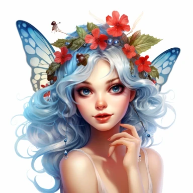 a whimsicel beautiful Fairy Closeup face, big blue deep eyes, with high detailing with facial hare and lips, laughing , a big Ladybugs sitting on her hand, Clipart on a white background