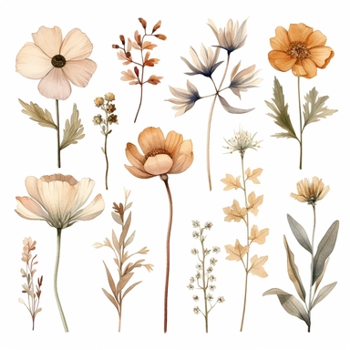 watercolor floral clipart, wildflower illustrations, isolated line for print, botanical poster, delicate, feminine, in the style of light beige, earthy tones, soft colors, vintage minimalism, naturecore, high resolution