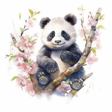 a cute happy laughing baby panda sitting proudly on a spring branch, teacher, with a few spring blossoms and leaves framing the scene, vivid colors, watercolor by thomas w. shaller, clipart, white background, no watermark, 8k, super resolution, megapixel