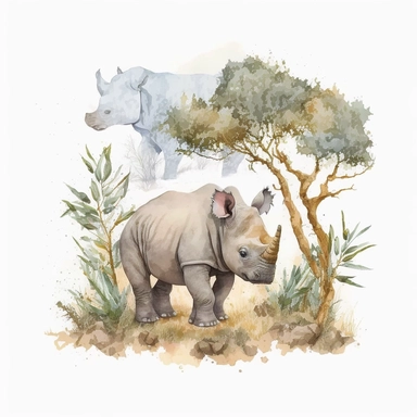 full body portrait of adorable cute tiny happy baby rhino running playing on safari rocks and trees in backround watercolor childrens Clipart white backround