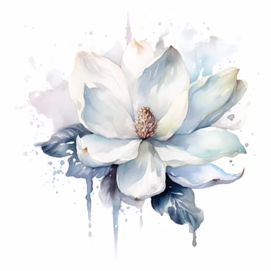clipart magnolia, watercolor, white background, silver sequins