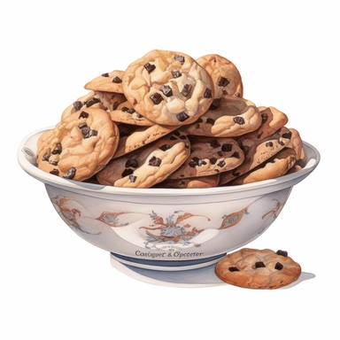 watercolor for a clipart with a white background of a bowl full with chocolate chip cookies, realism, by j.c. leyendecker