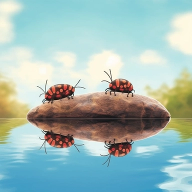 two caterpillars sitting on a rock, one brownish color, one green, looking into the water with their reflection staring back, reflections in the water show in scenery too clipart , lady bug, butterflyle of ants