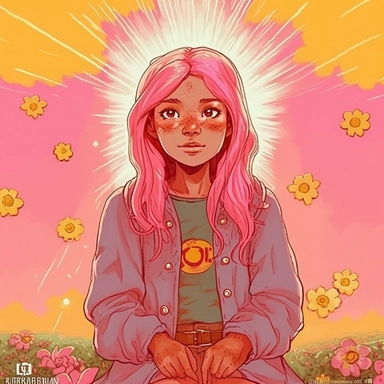 inspired by old story kid vintage style book clipart, flat, illustration of a beautiful girl, use light baby colors, wearing jacket with many cute and funny deign buttons, pink hair, great lightning, extremely detailed girl, solo, sharp focus, standing, light smile, closed mouth, highres, jewelry, looking at viewer, very long hair final fantasy xivbeautiful detailed eyessurrealism and comic books by Paul Davey