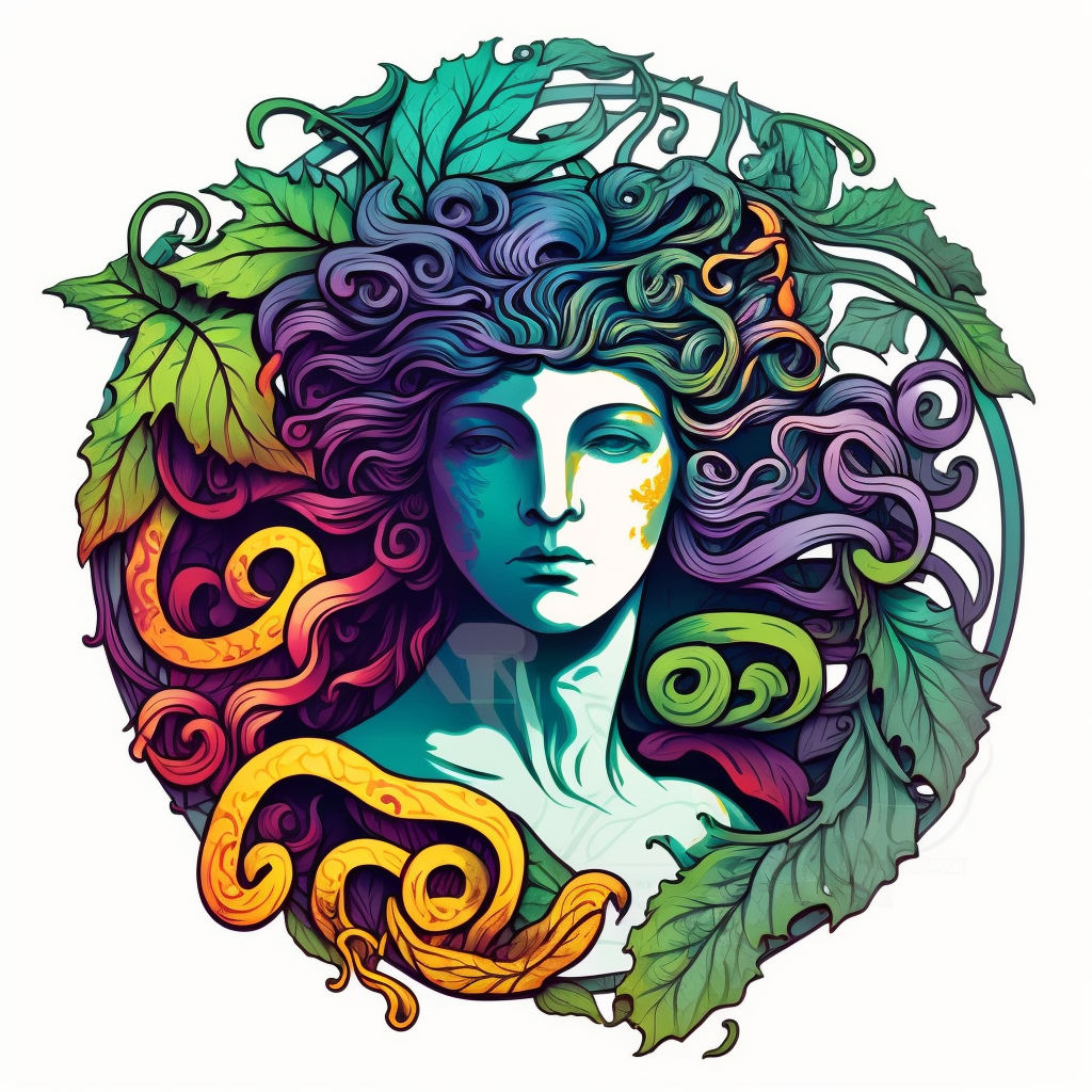 Medusa, art nouveau, bright colours, clipart, centred, white background ...