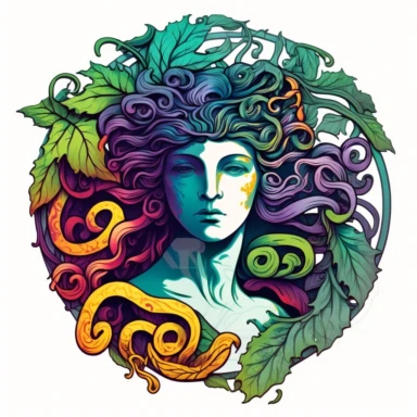 Medusa, art nouveau, bright colours, clipart, centred, white background