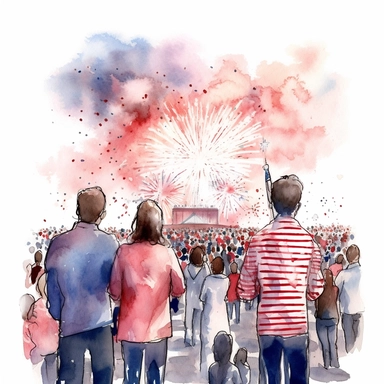 Watercolour of a 4th July celebration , viewed from behind, Clipart,Cartoon,hyper realistic, intricate detail, illustration style,high resolution, isolated on a white background