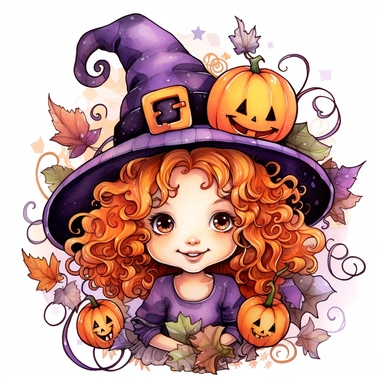 a happy little cute curly girl in a five-year-old witch's hat, pumpkin, web, spider, violet, brown, style by Lusy Fleming, folk art, watercolor, clipart elements, smooth gradients, black contour outline, ultra detailed, white background, super clear, high quality