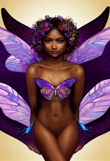 a full body beautiful winged butterfly queen, Colorful wings attached behind her back, Realistic huge life-like colorful wings, She has the ability to fly, floating over a dark purple flower, melanin, a beautiful face, natural makeup, clipart portrait with brown skin, Large colorful realistic detailed butterfly wings, insanely detailed and intricate, flying in a beautiful Forrest, deep in the woods, matte painting, cinematic, cgsociety,, ross tran