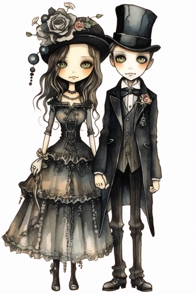 watercolor mixed media goth steampunk boy and girl entire body in goth steampunk wedding décor illustration clipart by holly hobbie