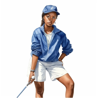 Idyllic watercolor clipart of a young modern African american female golfer in close fitting blue and white sports golf clothes standing with his putting club on the putting green, isolated on a pure white background, insane detail,