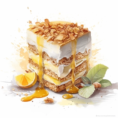 Watercolor clipart of Durian Ice Cream Cake: Make a no-bake cake by layering Durian ice cream between layers of crumbled graham crackers and topping with whipped cream and Durian pieces, intricate details, vector, hyperrealistic, white background, no splashes, no text, no watermark