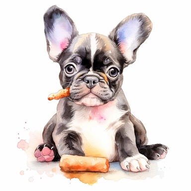 Watercolor Baby French Terrier Clipart, Chewing, White Background, no caption