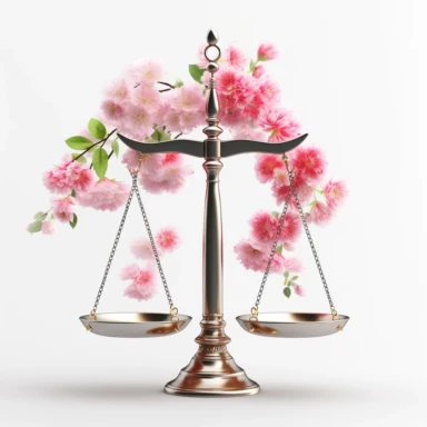 Scale of justice wrapped in flowers, simple clipart, minimalist, only one color, isolated white background, single design, 8k