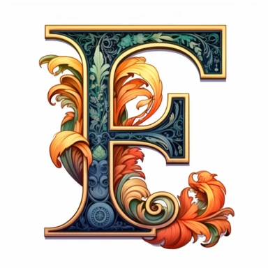 You are creating letter F in Art Nouveau illuminated initial style with clean lines and without shadows to be used as a clipart in white background